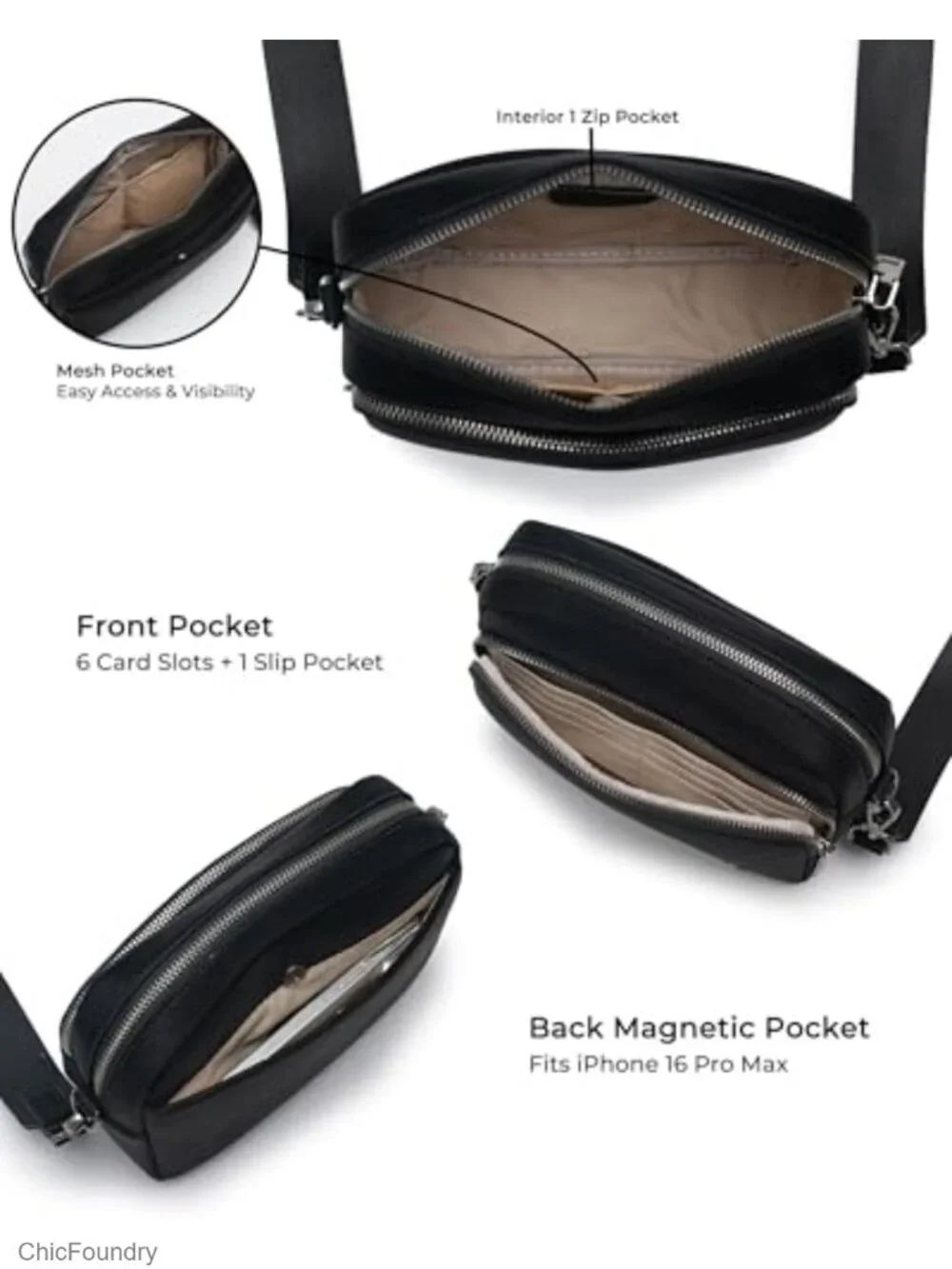 Small Crossbody Bag for Women, Triple Zipper Purse with Card Slots, Lightweight